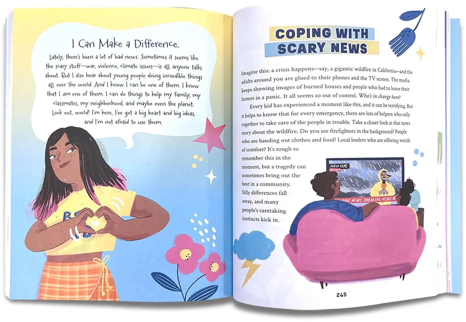 Open book showing two pages with illustrations and text about making a difference and coping with scary news.