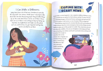 Open book showing two pages with illustrations and text about making a difference and coping with scary news.