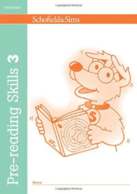 Book cover of 'Pre-reading Skills 3' by Schofield & Sims with a cartoon character holding a book.