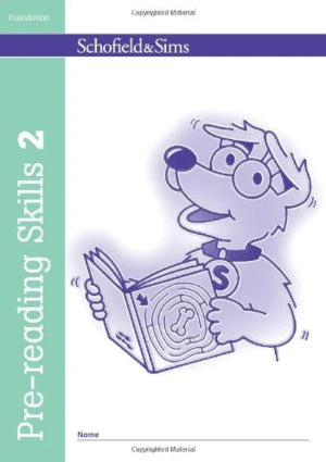 Book cover of 'Pre-reading Skills 2' by Schofield & Sims with a cartoon character holding a book.