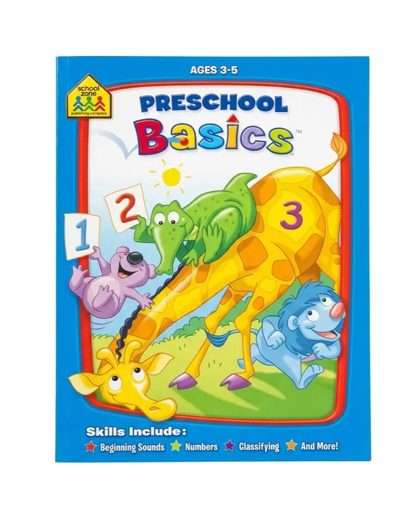 Preschool Basics educational book cover for ages 3-5, featuring colorful cartoon animals including a giraffe, crocodile, monkey, and lion with numbers 1, 2, and 3 on a bright blue background.