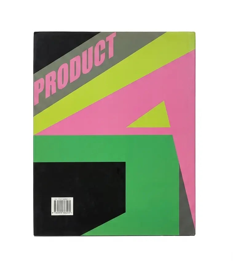 A flat rectangular product package or box with a bold geometric design, featuring large pink 'PRODUCT' text on a gray diagonal band, layered over bright pink, lime green, and black shapes. A barcode label appears near the lower left.