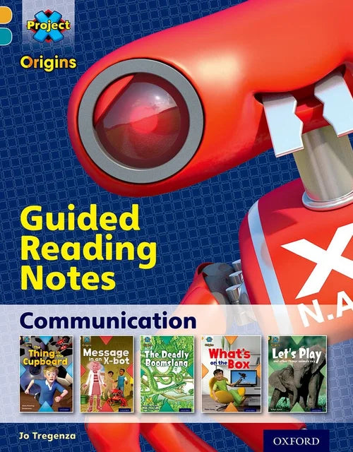 Book cover of 'Guided Reading Notes' with a robot and book titles on a blue background