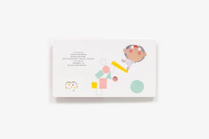 Card with a cartoon hedgehog and geometric shapes on a white background