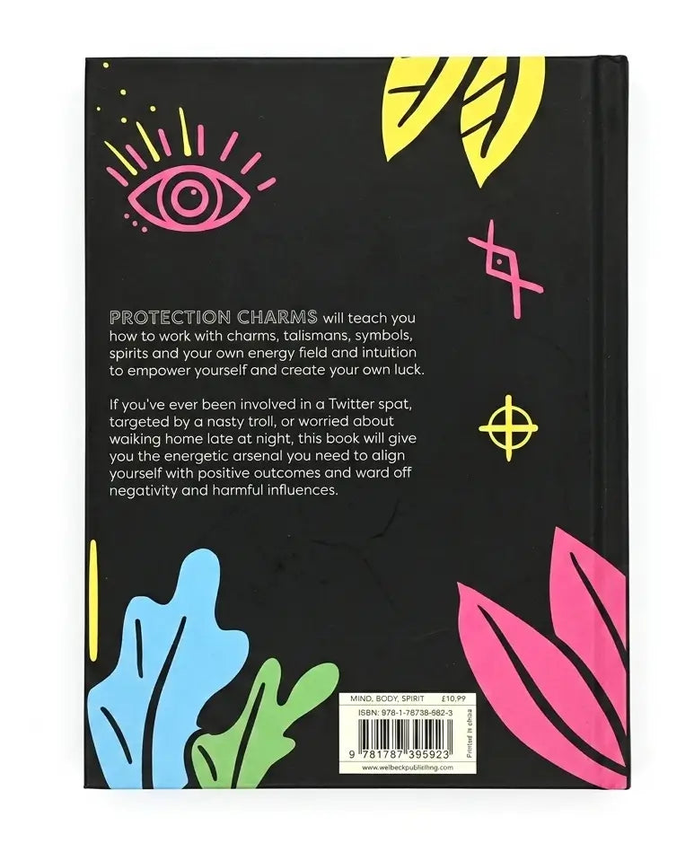 The back cover of a black book titled 'Protection Charms' featuring colorful abstract illustrations in pink, yellow, blue, and green, along with white descriptive text and a barcode at the bottom.