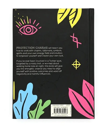 The back cover of a black book titled 'Protection Charms' featuring colorful abstract illustrations in pink, yellow, blue, and green, along with white descriptive text and a barcode at the bottom.