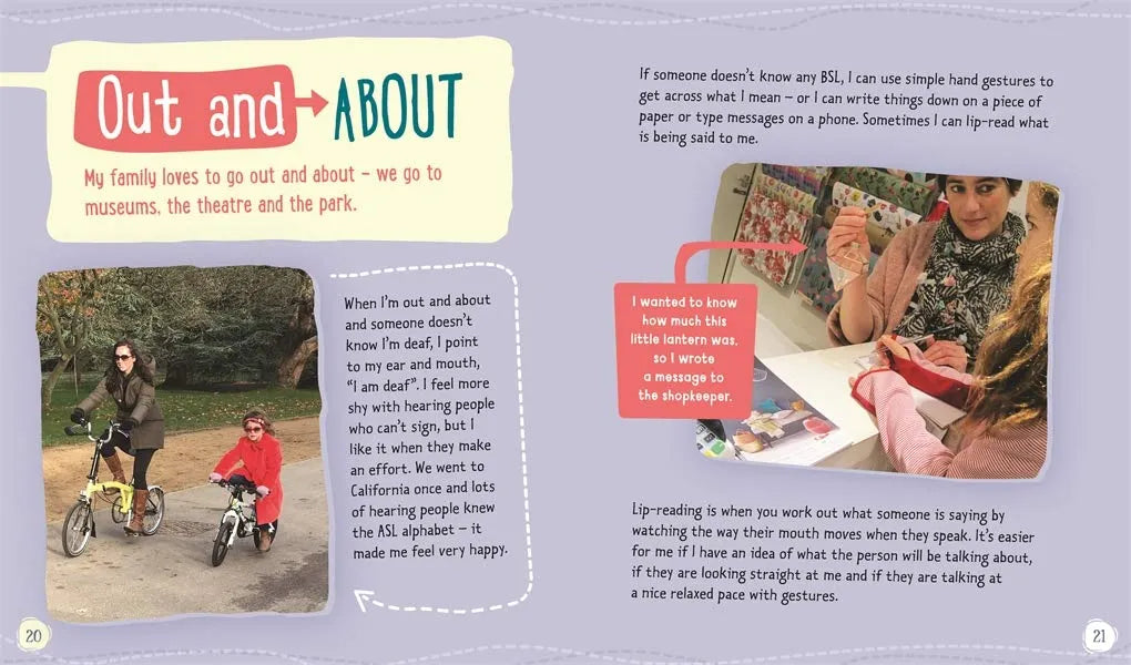 Children's book page with text and images of children riding bikes and a child reading.