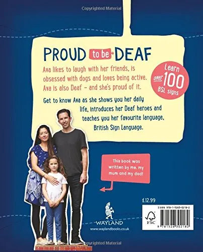 Book cover with a family illustration and text about a deaf child named Ava, published by Wayland.