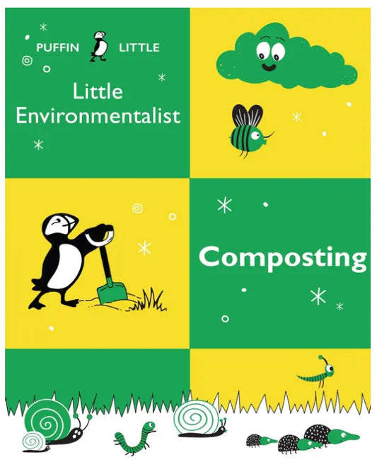 Book cover of 'Little Environmentalist: Composting' by Puffin Little with illustrations of a cloud, bee, penguin, and snail.