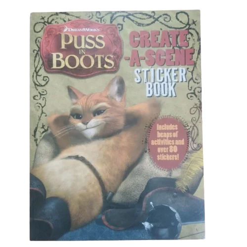 Sticker book cover featuring a cat with text 'Puss in Boots Create-a-Scene Sticker Book' on a beige background.