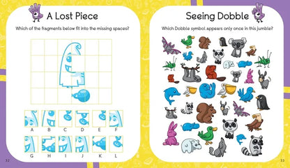 Educational page from a book with two activities: 'A Lost Piece' and 'Seeing Dobble'.