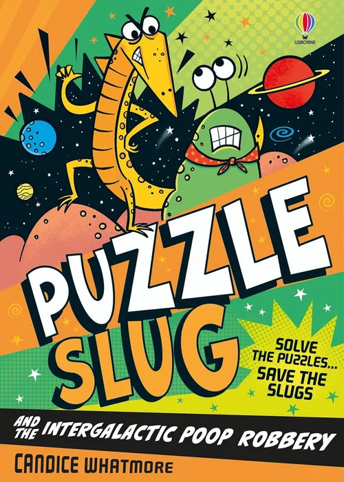 Book cover of 'Puzzle Slug and the Intergalactic Poop Robbery' with colorful design and text.