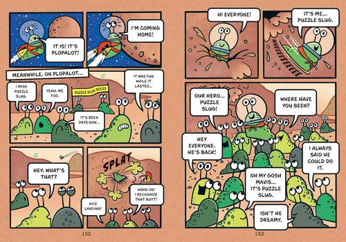 Comic strip with green alien-like characters on a brown background