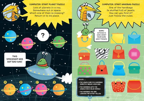 Two pages from a children's book with space-themed puzzles and colorful illustrations.
