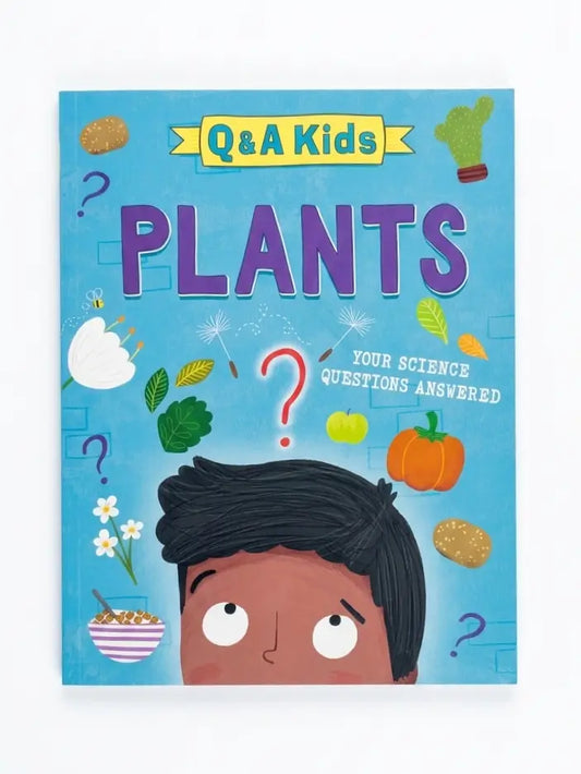 Children's science book titled 'PLANTS' from the 'Q&A Kids' series, featuring a colorful cover illustration of a child's head surrounded by plants and questions on a light blue background.