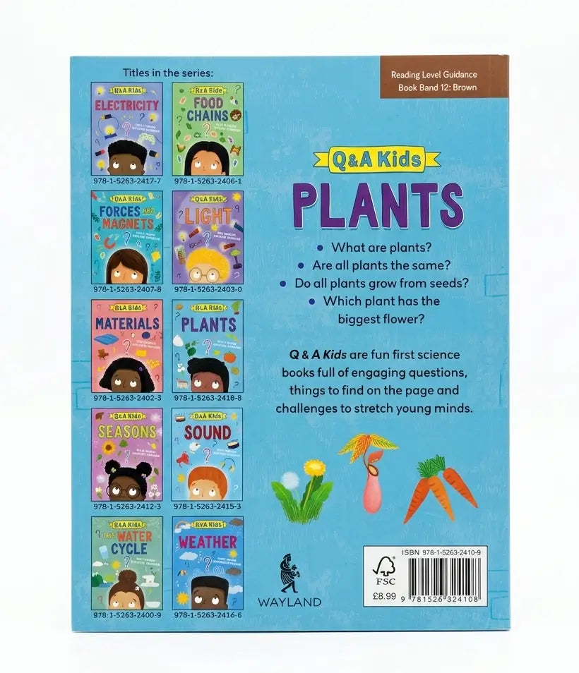 Back cover of the children's book 'Q&A Kids: Plants' by Wayland, featuring a light blue background, a row of colorful book covers on the left, and illustrations of plants and vegetables on the right.