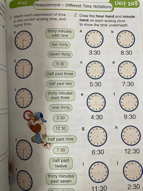 Educational page from a book showing analog clock time exercises with time notations.