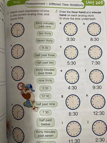 Educational page from a book showing analog clock time exercises with time notations.