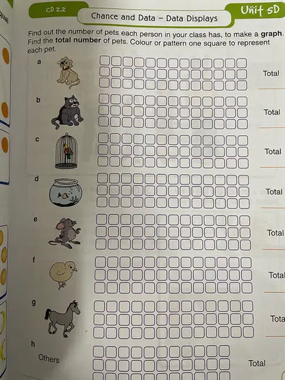 Educational worksheet on chance and data with animal illustrations and grid for pet tally.