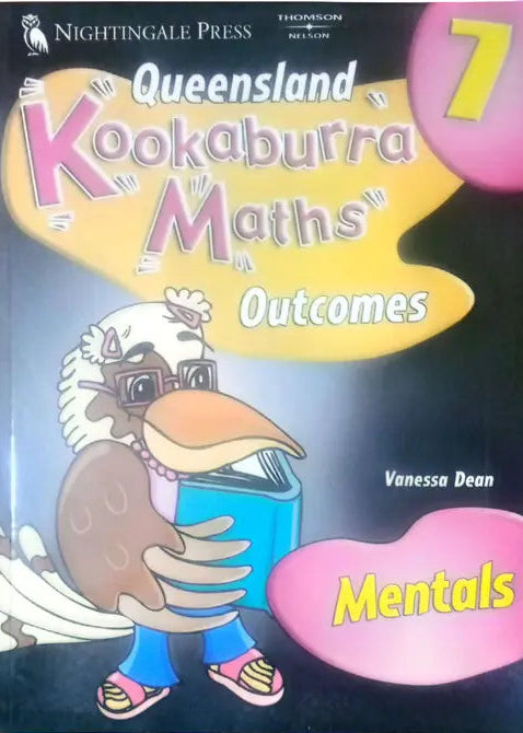 Book titled 'Queensland Kookaburra Maths Outcomes' with a cartoon kookaburra holding a book on a dark background.