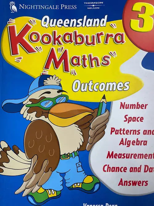 Book cover of 'Queensland Kookaburra Maths Outcomes' for Year 3 with a cartoon kookaburra character on a blue background.