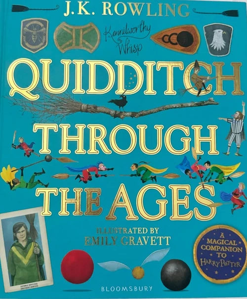 Book cover of 'Quidditch Through the Ages' by J.K. Rowling with illustrations and text on a blue background.