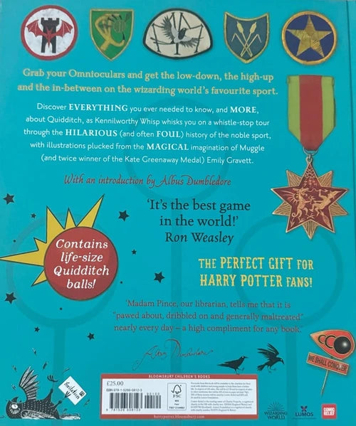 Back cover of a book about Quidditch with illustrations and text.