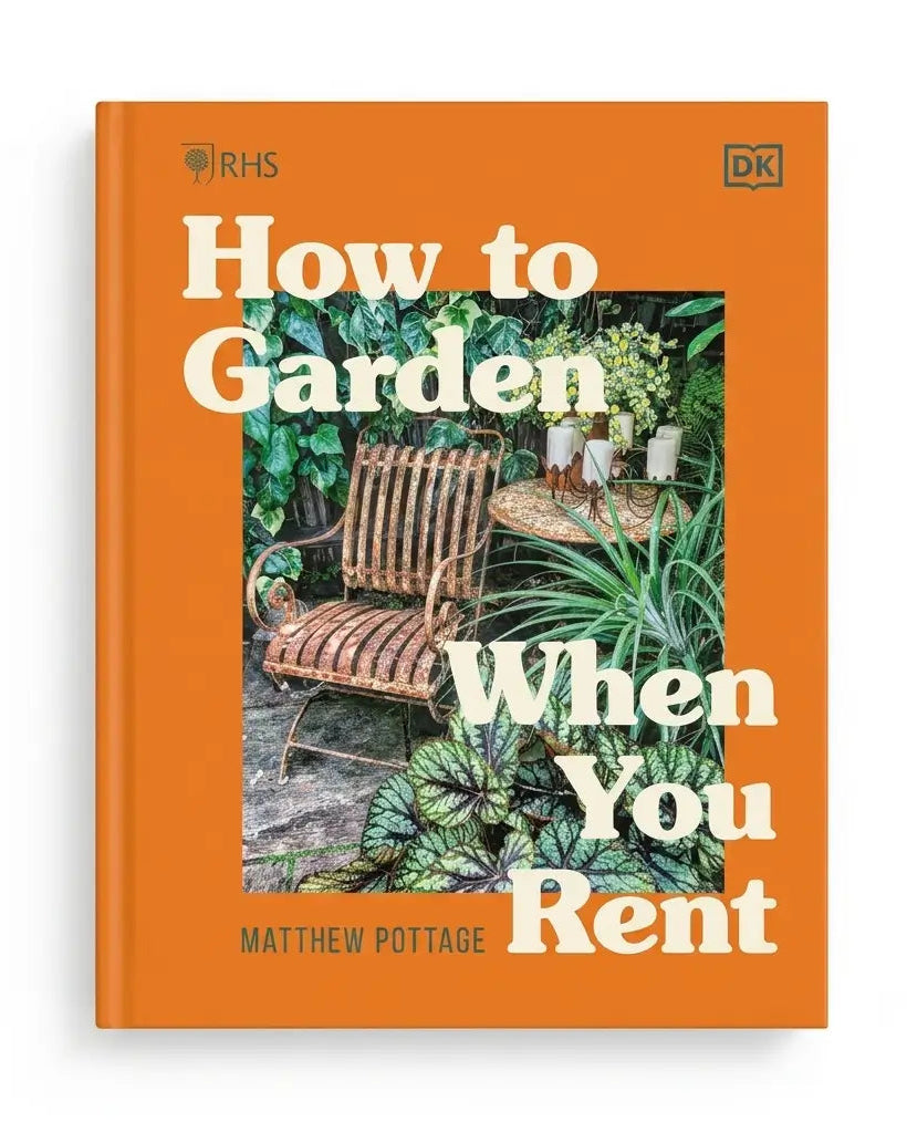 The front cover of the book 'How to Garden When You Rent' by Matthew Pottage, published by DK (RHS). The cover features a solid orange background with a central rectangular photograph of a garden scene containing a wicker chair and plants, overlaid with large cream-colored text.