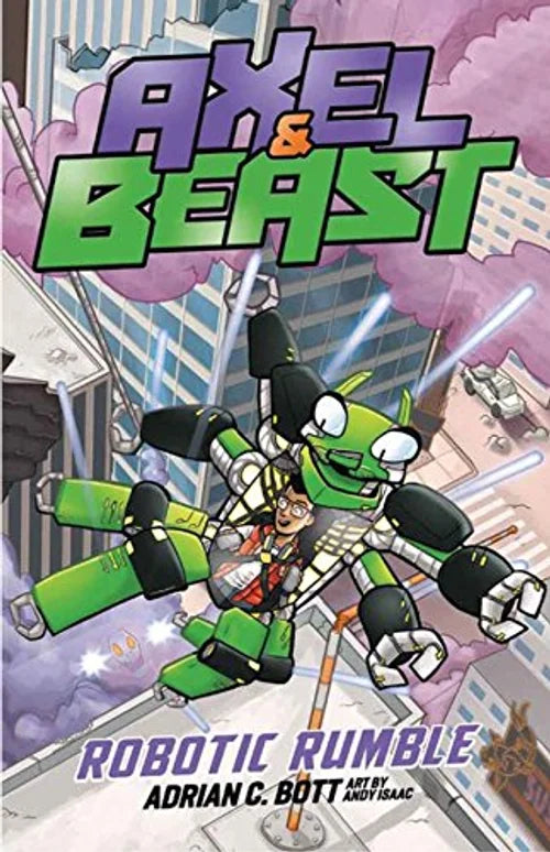 Comic book cover featuring a robot and a superhero in an urban setting with the title 'Axel & Beast: Robotic Rumble'.