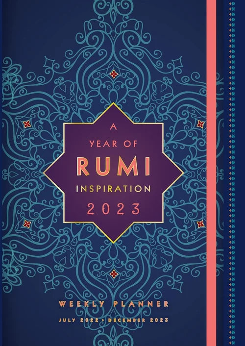 Planner cover with decorative design and text 'A Year of Rumi Inspiration 2023' on a blue background.