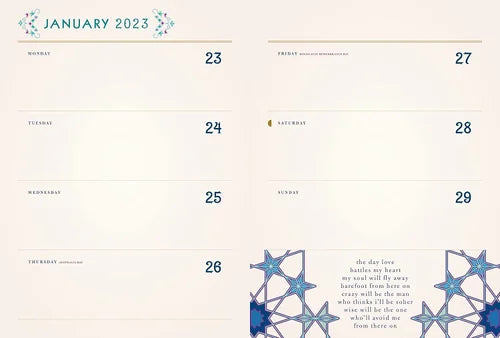 Calendar page for January 2023 with decorative elements and text.