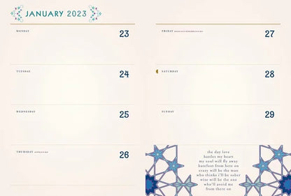 Calendar page for January 2023 with decorative elements and text.