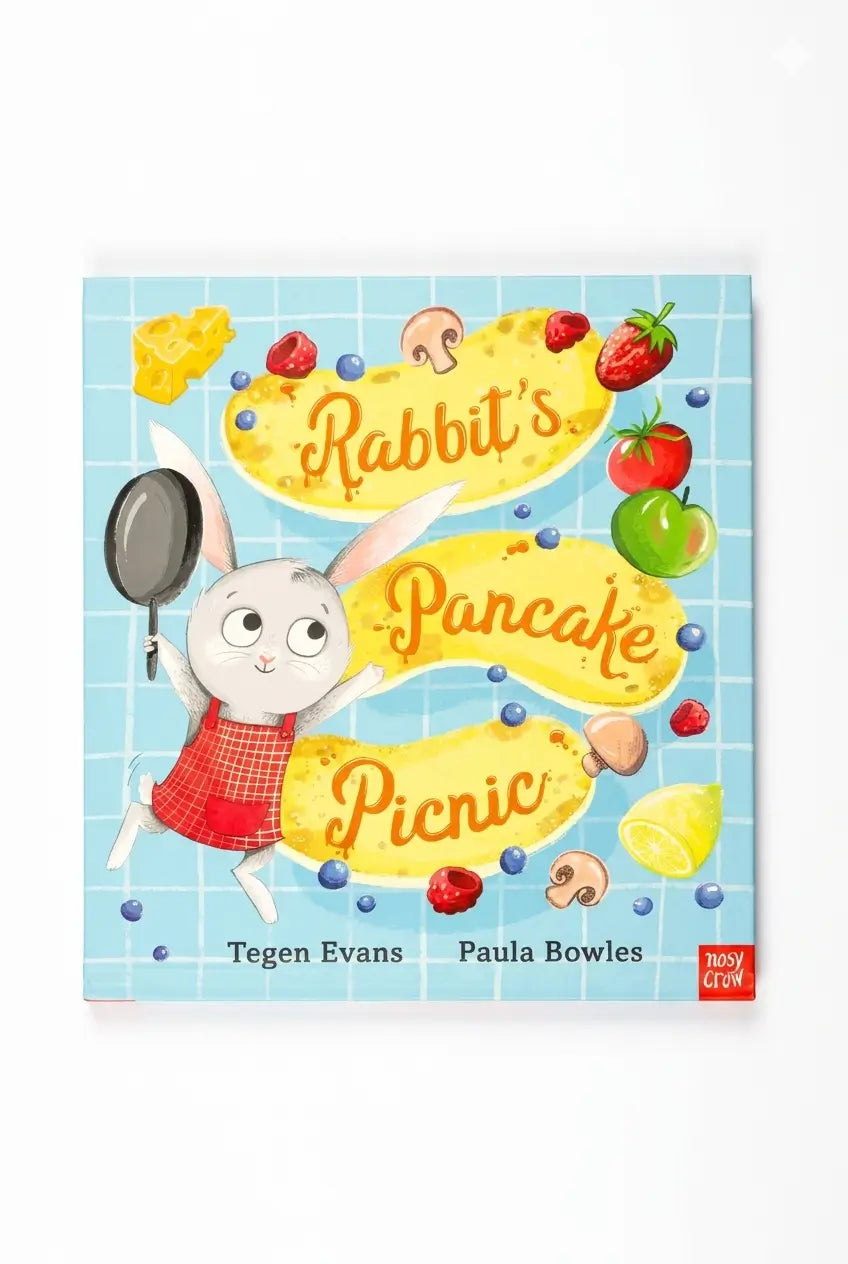Book cover of 'Rabbit's Pancake Picnic' with a rabbit character and food items on a blue background.