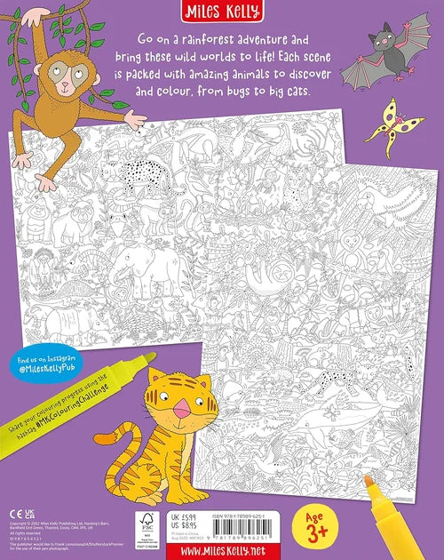 Coloring book page with animals and a pencil on a purple background, featuring Miles Kelly branding.
