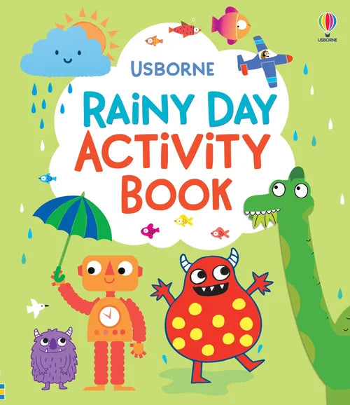 Cover of 'Rainy Day Activity Book' with colorful characters and rain elements on a green background.