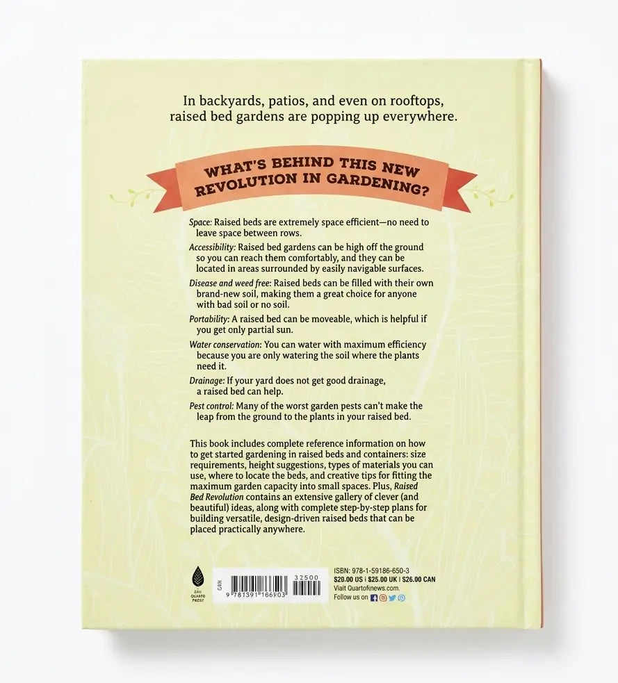 The back cover of a gardening book, featuring black text on a pale yellow background with a red banner and a small black logo at the bottom.