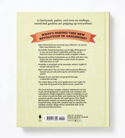The back cover of a gardening book, featuring black text on a pale yellow background with a red banner and a small black logo at the bottom.