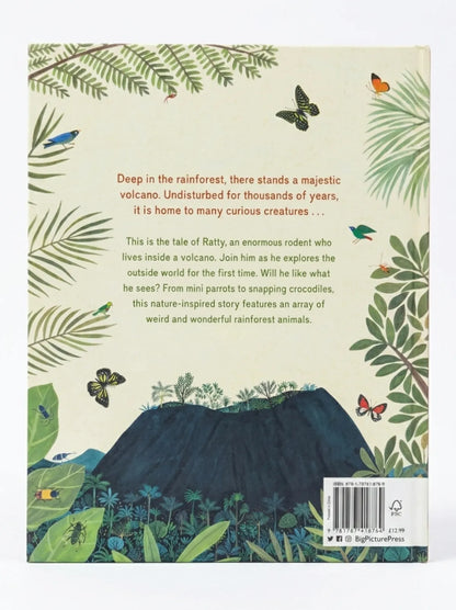 Book back cover with illustrations of a volcano and rainforest animals, featuring text about a rainforest creature named Ratty.