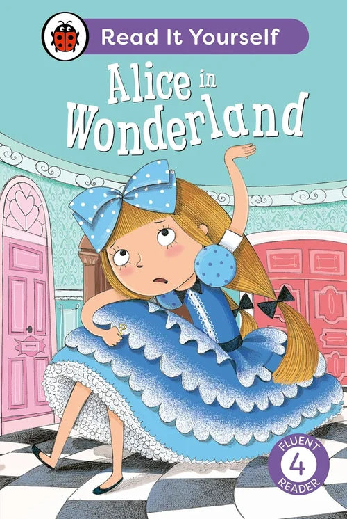Book cover of 'Alice in Wonderland' with a character in a blue dress on a checkered floor.