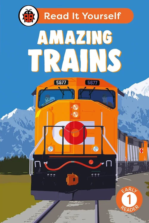 Book cover of 'Amazing Trains' with a train illustration and mountain background.