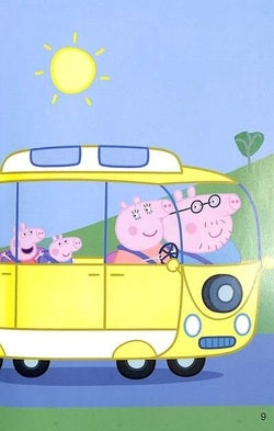 Cartoon characters in a yellow van with a blue sky and sun background