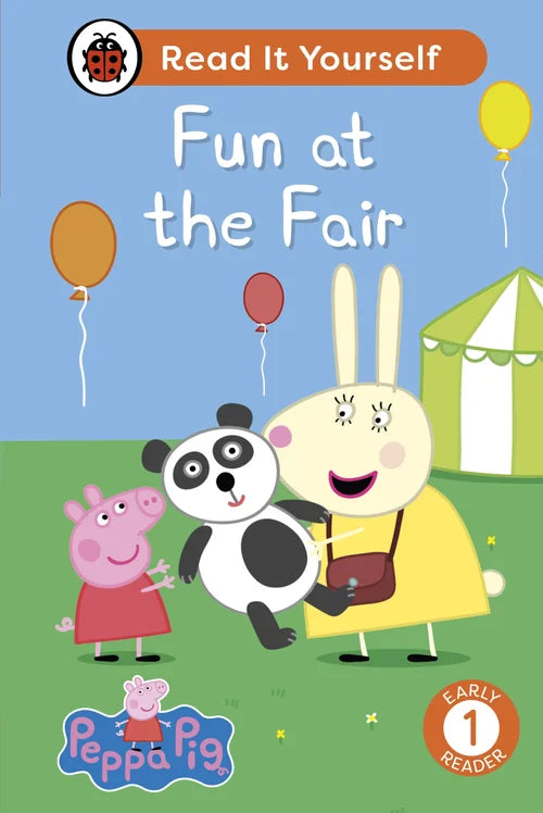 Book cover of 'Peppa Pig: Fun at the Fair' with cartoon characters and balloons.