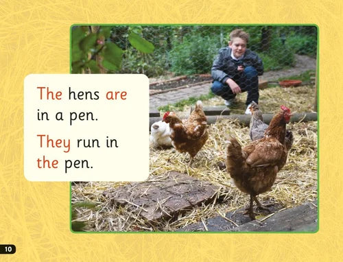 Children's book page with chickens in a pen and text about the hens.