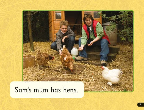 Two people sitting on steps with chickens in a barn setting, text 'Sam's mum has hens.'