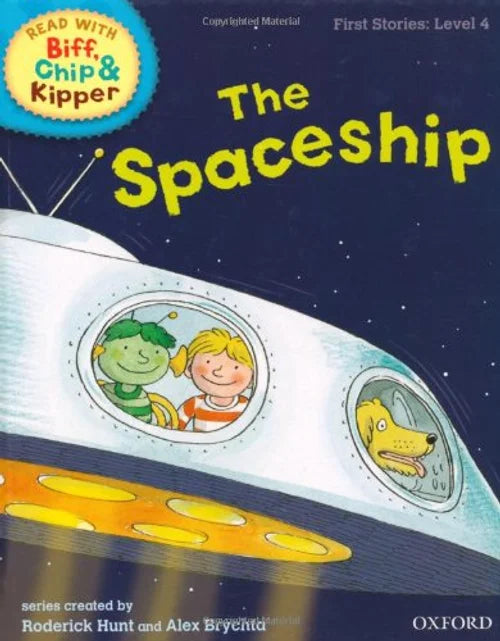 Book cover of 'The Spaceship' from the Biff, Chip & Kipper series with a spaceship and children illustration.