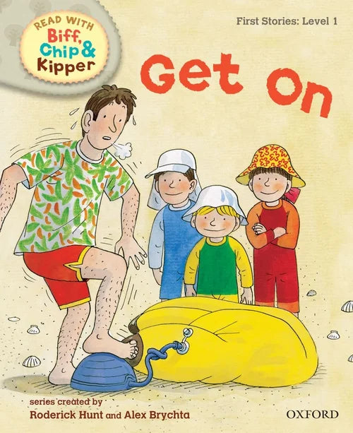 Book cover of 'Get On' from the Biff, Chip & Kipper series with children and a banana float.