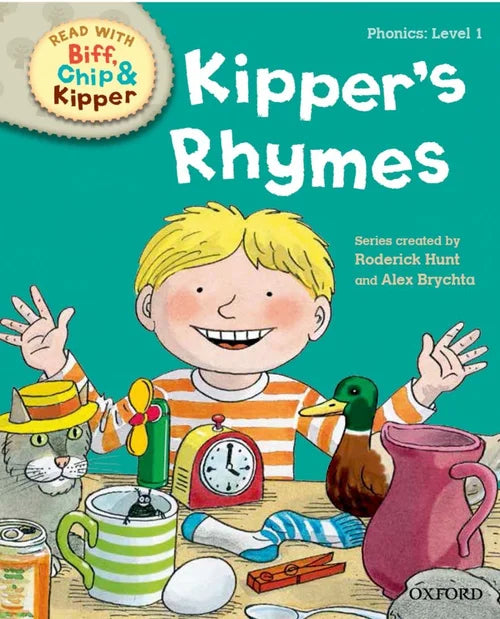 Book cover of 'Kipper's Rhymes' with a child and objects on a table, featuring the 'Read with Biff, Chip & Kipper' series.