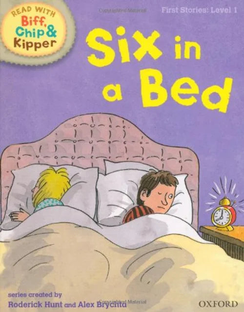 Book cover of 'Six in a Bed' from the Biff, Chip, and Kipper series with a purple background and illustration of two children in bed.