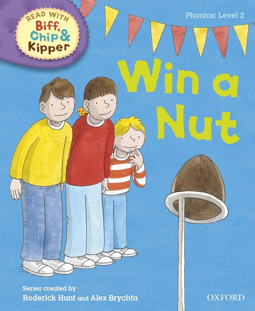 Book cover of 'Win a Nut' from the Biff, Chip, and Kipper series with three children and a nut on a blue background.