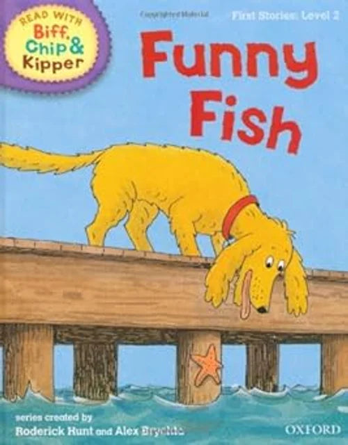 Book cover of 'Funny Fish' from the Biff, Chip & Kipper series with a dog on a pier.